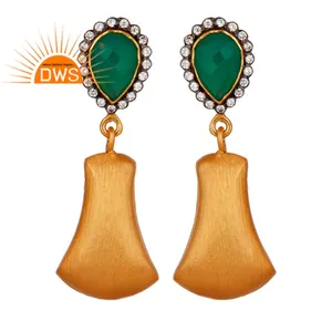 White Zircon & Green Gemstone Designer 18k Gold Plated Brass Pretty Look Drop Dangle Earrings Fashion Jewelry Wholesaler
