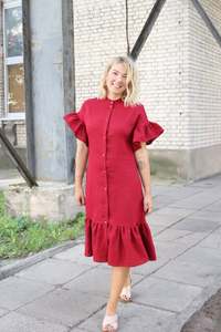 Robe en lin pour femme, en tissu crêpe, col haut, manches courtes, longueur genoux, nouvelle collection 2020 - Product Image 3