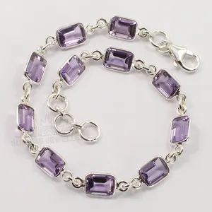 紫色紫水晶5x 7毫米八角形面女式时尚手镯男女宝石表圈链实心925银色手镯