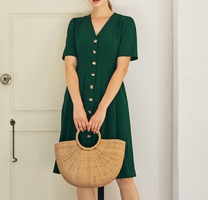 Vestido Formal de Verano Verde con Cuello en V, 100% Lino Crepé, a la Moda, Sexy, Largo hasta la Rodilla, con Botones, Talla XL - Product Image 5