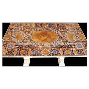 Plateau de table à manger en marbre blanc avec incrustation de Pietra Dura pour salle à manger - Product Image 1
