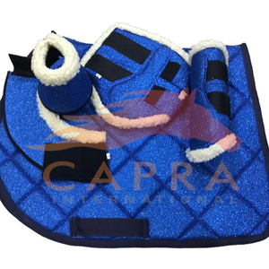 <b>Blue</b> Shiny <b>Glittered</b> Horse Dressage Saddlepad Set Polycotton Lining Polyester Filling Capra-Oem Brand Model Padset-gliter-01 - Product Image 1