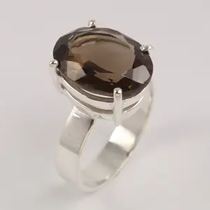 Feestkleding Ring Kiezen Ovaal Gevormd Elke Maat 925 Massief Puur Sterling Zilver Rokerige Kwarts Steen Groothandel Leverancier