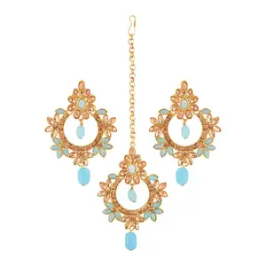 Indian Wholesale Jewelry Gold Plated Crystal Faux Pearl Designer Bridal Maang Tikka Earrings Set For Women, Sky Blue