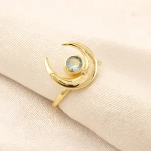 미니멀리스트 초승달 디자인 반지 럭셔리 골드 도금 하늘색 석영 반지 디자이너 조정 가능한 작은 보석 반지 선물