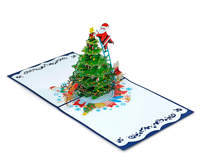 Tarjeta de Felicitación Navideña 3D Pop-Up con Diseño de Santa Claus Decorando un Árbol con Renos