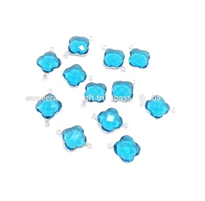 Conector de Bisel de Plata de Ley 925 con Cuarzo Azul, Doble Enganche, Acabado en Oro y Plata, Forma de Trébol, 15x15mm, Fornituras para Joyería - Product Image 1