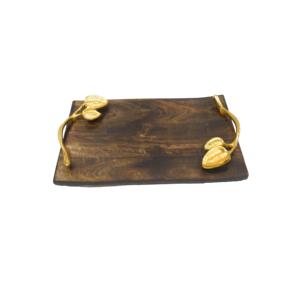 Plateau de service à poignée en relief Vaisselle Plateau de service alimentaire Forme carrée Plateau de service en bois et en métal Plat de service - Product Image 1