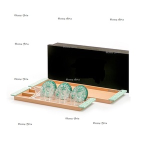 Ensemble de deux plateaux de service alimentaire de tailles différentes, en bois, pour thé et café, avec sous-verres en nacre. - Product Image 3
