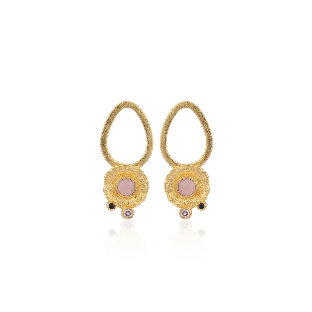 Mode Joyas, Boucles d'oreilles à la mode plaquées or Calcédoine rose CZ et pierre précieuse d'onyx noir Bijoux d'oreilles en laiton. E-369.