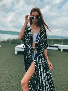 Estilo Boho Tie Dye Long Kimono Robes das mulheres Nova Coleção 100% Algodão Verão Praia Cover-Up Tecido Mangas Natural <span class=keywords><strong>Resort</strong></span> <span class=keywords><strong>Wear</strong></span> - Product Image 2