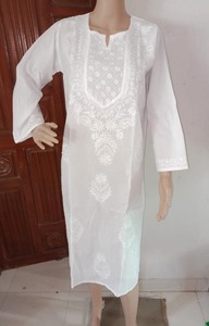 Mùa Hè Mặc Cotton Lucknow Chikan Tay Thêu Dài Kurti-cộng Với Kích Thước Phụ Nữ Bông Trắng Kurta-bãi Biển Mặc Áo Chẽn-Kurti - Product Image 2
