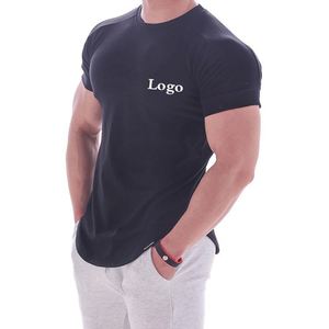 Haute qualité doux coton hommes Gym T-Shirt basique noir ourlet incurvé décontracté Muscle Fit Sport Fitness haut impression personnalisée - Product Image 2