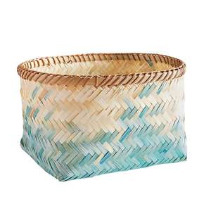 New Deal Blue Faded Square Bamboo <b>Hamper</b> <b>Basket</b> Handmade Vintage Colorful Storage <b>Baskets</b> - Product Image 1