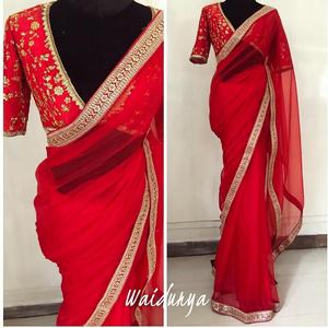 Saree en coton indien dernier styliste vêtements de fête mariage dames femmes portent Georgette soie broderie travail Sari avec chemisier ethnique - Product Image 6