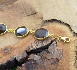 Venta al por mayor 7 \ "largo 925 brazalete de plata esterlina ajustable gris natural ónix cuentas de piedras preciosas oro pulido regalos ovalados - Product Image 4