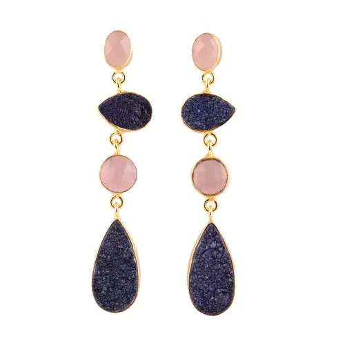 Top quality hot fashion faceted pink chalcedony & blue sugar druzy fine dangling gold/silver plated handmade drop dangle earring