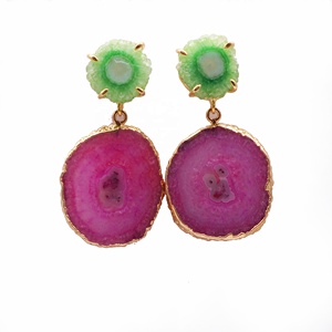Boucles d'oreilles à double pierre en quartz solaire plaqué or faites à la main bijoux classiques pour femmes pour anniversaire en gros - Product Image 1