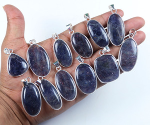 Pendentif monture en pierre de soleil, Lolite naturelle, plaqué argent, 1 pièce - Product Image 3