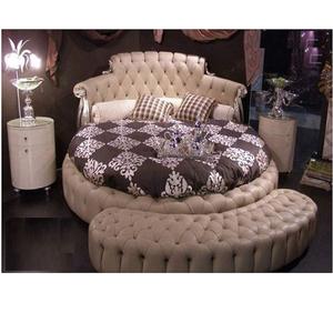 Contemporary Durable Customized Size <b>Bed</b> with <b>White</b> Leather Tufting Modern Round Design Teak <b>Wood</b> Bedroom Furniture - Product Image 1