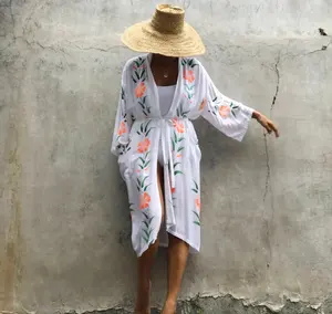Sexy Kimono Cover Up Voor Vrouwen Dragen Rayon Bloem Geschilderd Strand Kimono