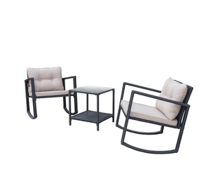 Modern Black Rattan Rocking Set KD Steel Tempered Glass Polyester <b>Cushion</b> <b>Outdoor</b> Furniture <b>Garden</b> Patio Comfortable All-Weather - Product Image 2