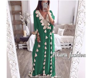 Púrpura Kaftan encaje manga tres cuartos hecho a mano traje de baño Casual elegante Maxi vestido - Product Image 5