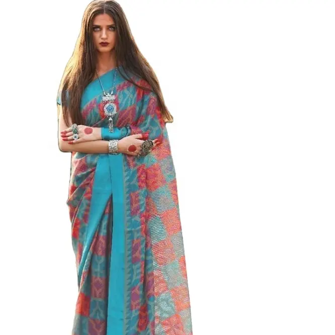 Ultimo Vintage etnico femminile verde rosso battistrada ricamo sari di classe con fantasia contra camicetta taglio pezzo per signora