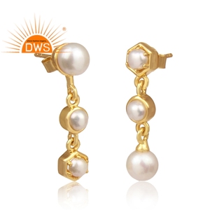 Pendientes de plata de ley 925 con piedra de perla chapada en oro, joyería Natural, fabricante - Product Image 2