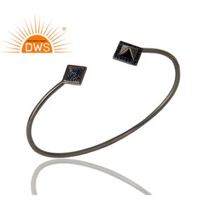 Bracelet manchette en argent Sterling, pierre de naissance saphir bleu naturel, noir et Rhodium plaqué - Product Image 2