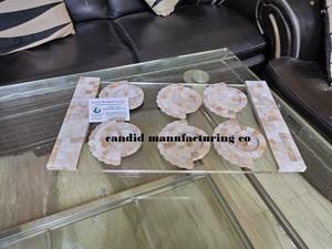 Custom Size Acrylic Tray with Mother of Pearl <b>Handle</b> Round Marble Coaster for Home Use Ramadan Gift Six Platter Tray - Product Image 4