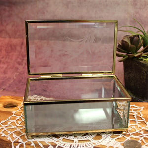 Vintage All <b>Glass</b> & Brass Trinket <b>Box</b>, Etching, 5", 1980's B62-6-28 - Product Image 1