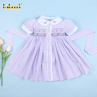 Robes longues décontractées trapèze pour filles, motif géométrique smocké main, motif fenêtre lavande, Vêtements pour enfants en gros ODM, 100% Coton OEKO-TEX