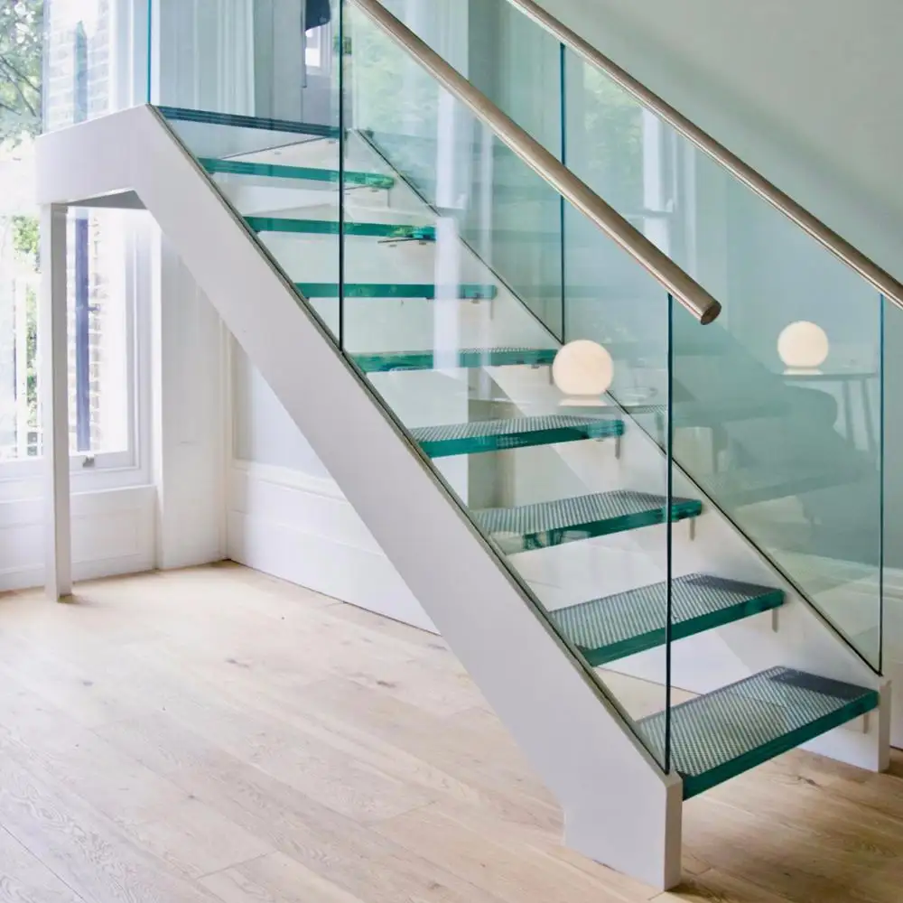 Led escalier en verre avec bande de roulement en verre trempé garde-corps en verre