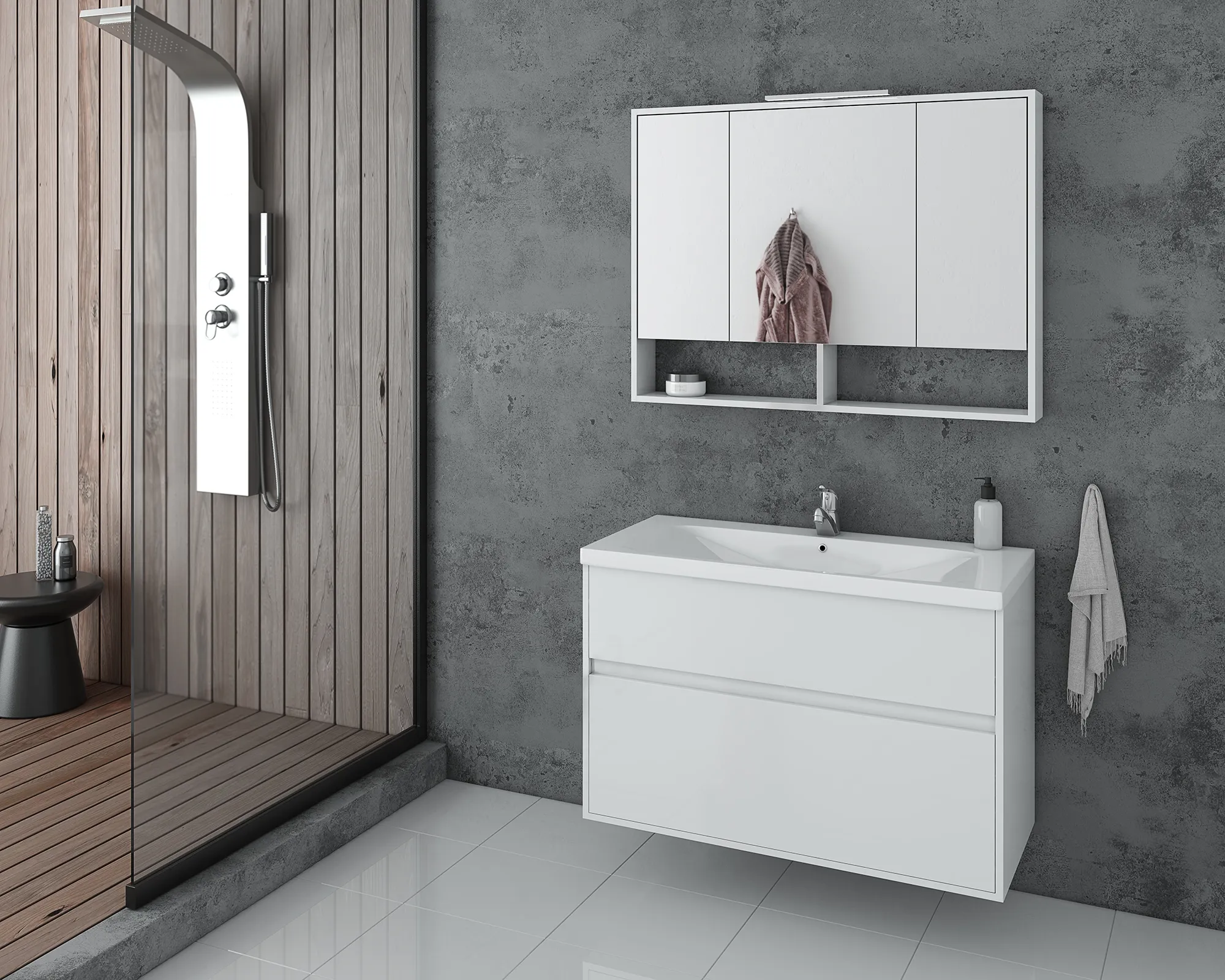 Tocador de pared con cajones para baño, lavabo blanco de porcelana y armario de espejo, 100cm de ancho