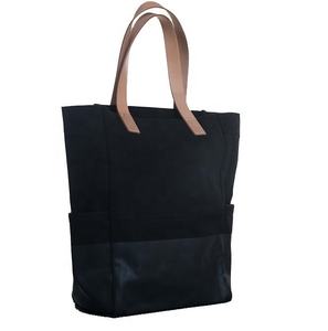 Sacs fourre-tout de plage portables à la mode noirs écologiques avec poignée en cuir Fabricant de sacs fourre-tout en coton noir Inde - Product Image 1