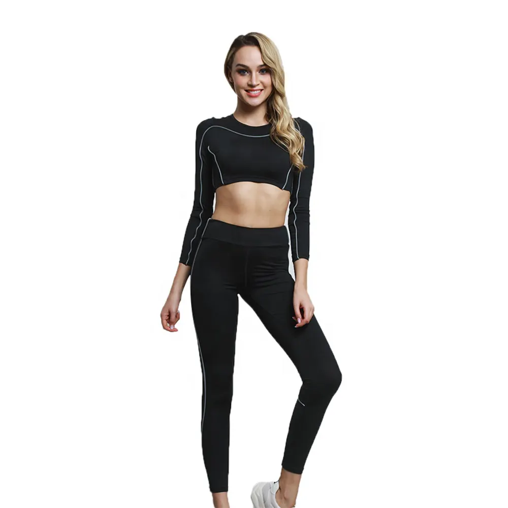 Toptan kadın eşofman moda stil siyah renk ile OEM Logo hizmeti ile yüksek kaliteli kumaş Yoga seti