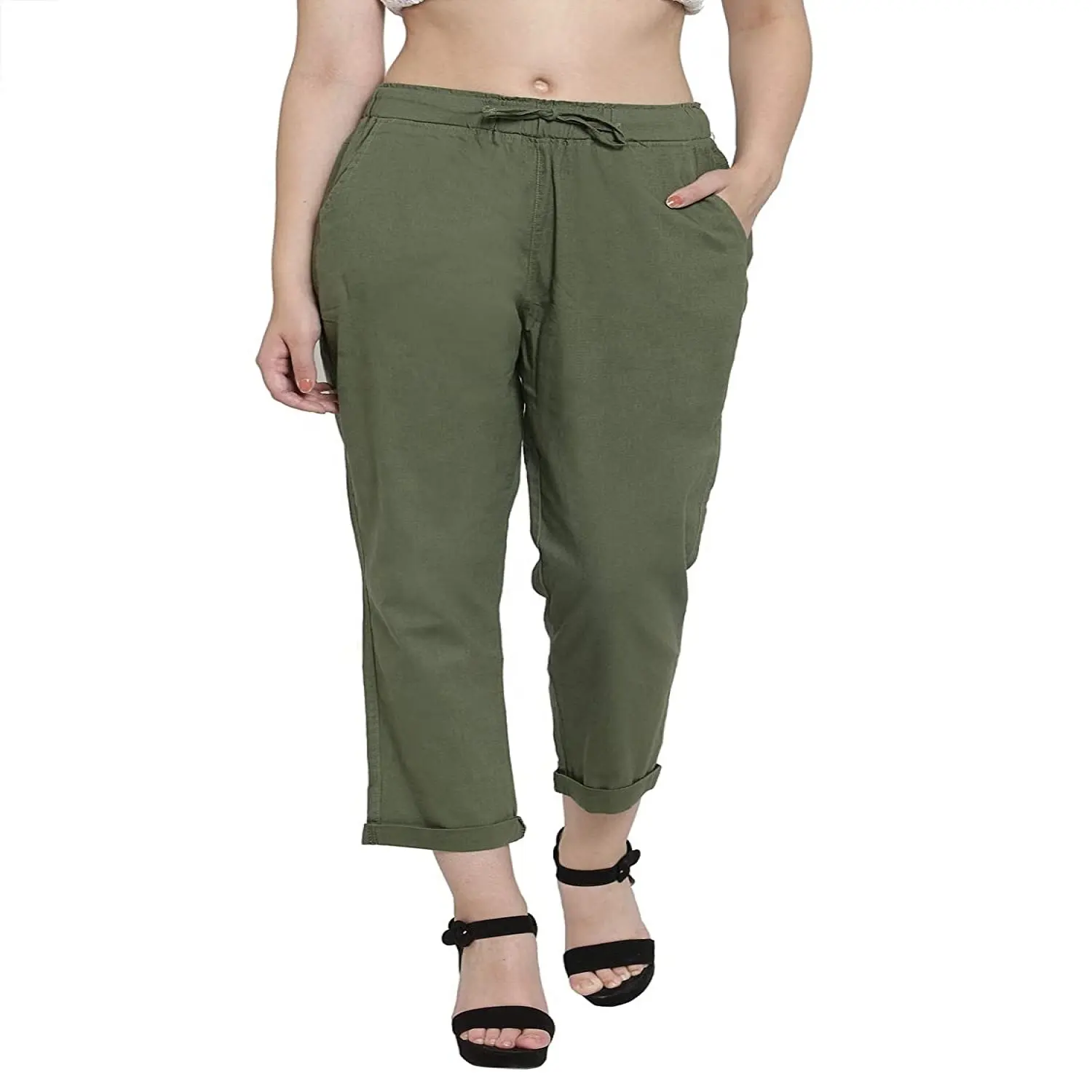 2021 modell Popeline Sommer Baumwolle Solide Grün Elastische Taille Frauen Ankle-länge Hosen <span class=keywords><strong>Natürliche</strong></span> frauen hosen
