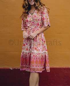 Bohème D'été Romance Vintage Modeste Impression Sexy Col V Taille Élastique À Manches Longues Longueur Genou Plage Robe Midi - Product Image 3