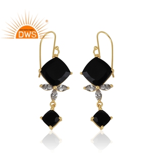 Zircon <b>Black</b> Onyx Gemstone <b>Earrings</b> 14k Gold Plated Jewelry Indian Sterling Silver Designer <b>Dangle</b> <b>Earrings</b> Wholesale - Product Image 2