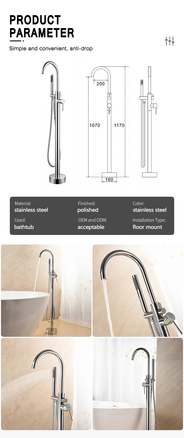 304 Stainless Steel Floor Mounted Shower Mixer Bathroom cUPC Free Standing Bath Faucet