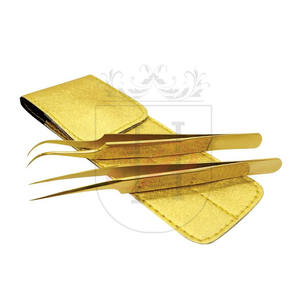 Juego de pinzas de extensión de pestañas dobles, con bolsa de Rexene, Etiqueta Privada, pinzas de extensión de pestañas doradas con bolsa de cuero dorado - Product Image 1