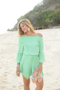 Robe Courte Bohème Vert Émeraude en Mousseline de Soie pour Femme – Tunique Décontractée d'Été Ample et Respirante, Couleur Unie, Écologique - Product Image 2