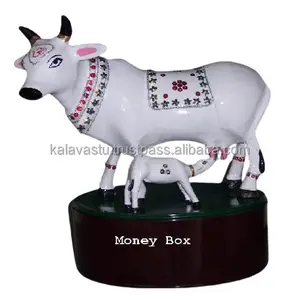 पाउडर लेपित सफेद धातु रंगीन हस्तनिर्मित सजावटी गाय मूर्ति घर और उपहार आइटम के लिए पैसे के साथ बॉक्स