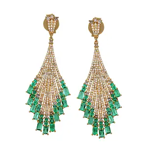 18k Solid Yellow Gold Gemstone Jewelry Natural Baguette Emerald Diamond Floral Design Dangle Earrings Fine Jewelry Manufacturer