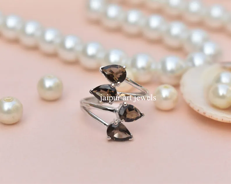 Fabricante smoky quartz mulheres marrom pedra preciosa jóias prata esterlina 925 folha anel artesanal