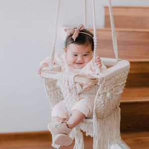 Baby <b>Swing</b> Hanging Chair Handmade Macrame Cotton Beige - Product Image 1