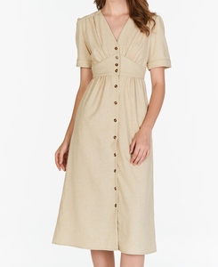 Robe d'été formelle ample en crêpe brodé à col en V, longueur genou, boutonnée sur le devant, manches courtes, 100 % lin naturel uni avec pompons - Product Image 4