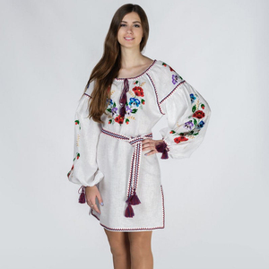Ropa de mujer más vendida, ropa de fiesta de vacaciones, Vestido corto ucraniano para mujer, vestido bordado de manga larga con cinturón hasta la rodilla - Product Image 1