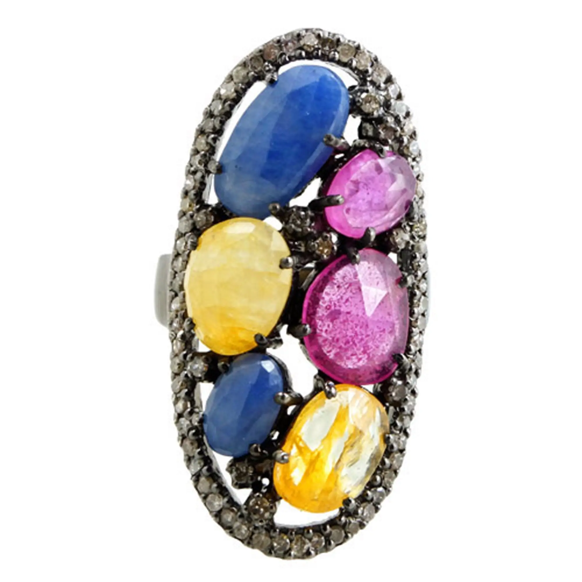 Natural Pave Diamond Multi Sapphire Ring 925 Sterling Silver Gemstone Jewelry